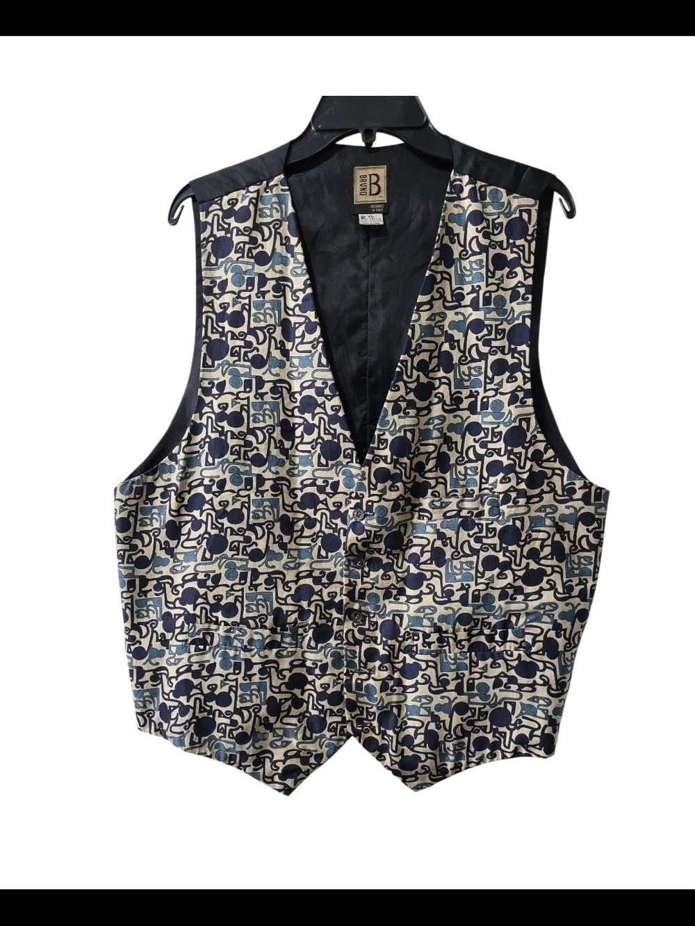 Bruno Men Vest XL Abstract Pattern V Neck  Black Cream Blue 100% Silk*